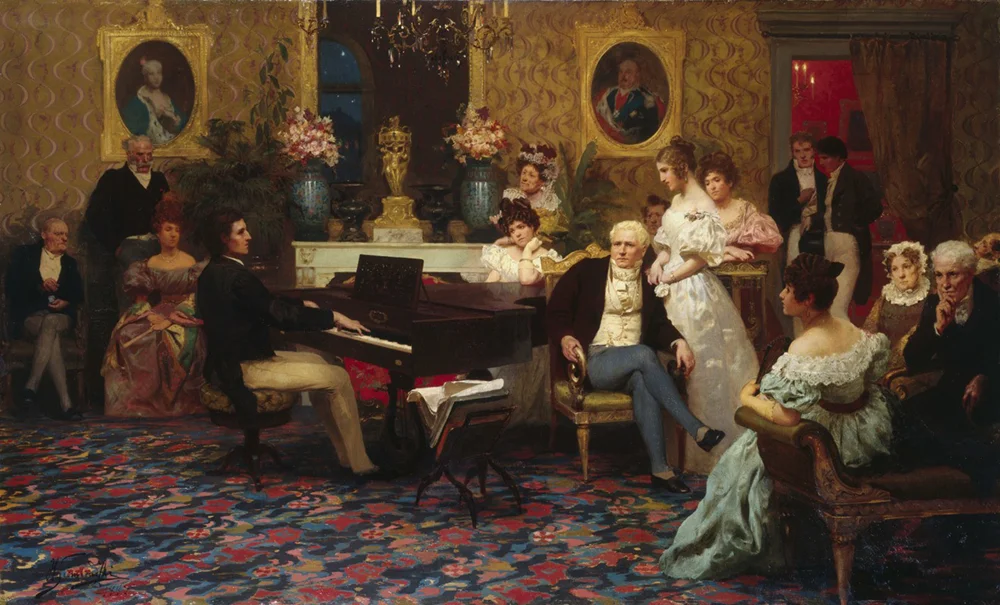 ヘンリク・シェミラツキ（1843-1902）作『ショパンの演奏会』（1887）サロンの雰囲気が良く分かります